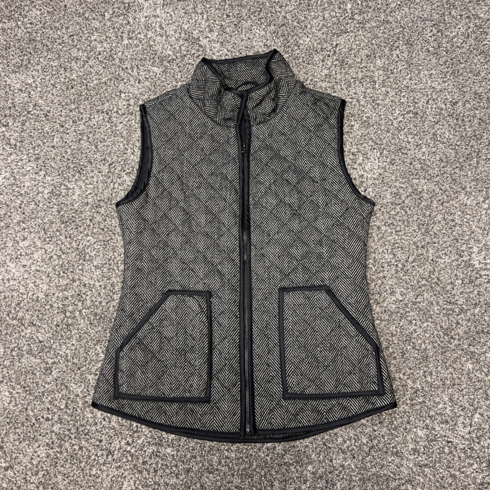 Cremieux Womens Herringbone Quilted Puffer Vest Black White Full Zip Mock Neck M